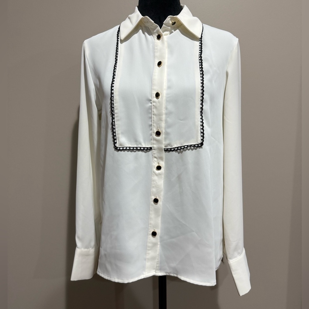 Zara White Button-Down Shirt with Black Trim